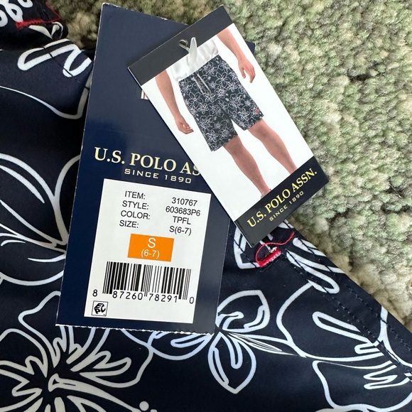 New US Polo Assn Boys Tropical Hibiscus Swim Trunks Size Small (6/7) Navy White - Picture 6 of 11